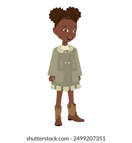 Ilustración vectorial plana de la muchacha afroamericana linda del niño que lleva un abrigo y las botas, sistema del carácter de la historieta para la animación, diversas vistas, poses y gestos. Punto 2