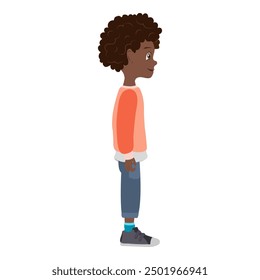 Flat Vector Illustration of Cute African American Kid Boy with Skateboard, Cartoon Character Set For Animation, Various Views, Poses and Gestures. Item 3