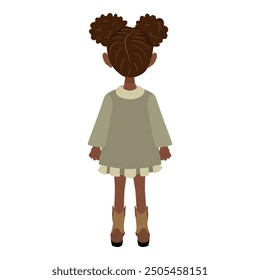 Flat Vector Illustration of Cute African American Kid Girl Wearing a Coat and Boots, Cartoon Character Set For Animation, Various Views, Poses and Gestures. Item 4