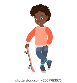 Flat Vector Illustration of Cute African American Kid Boy with Skateboard, Cartoon Character Set For Animation, Various Views, Poses and Gestures. Item 5