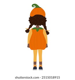 Flat Vector Illustration of Cute African American Kid Girl Wearing a Pumpkin Halloween Costume, Cartoon Character Set For Animation, Various Views, Poses and Gestures. Item 3