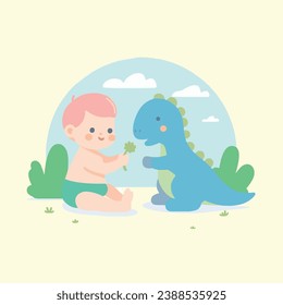 a flat vector Illustration of a cute baby playing with a baby dinosaur 