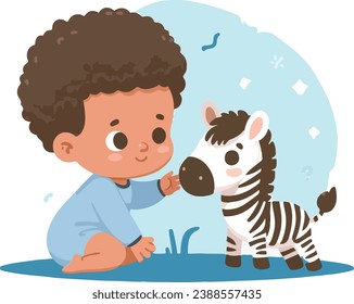 a flat vector Illustration of cute baby playing with baby zebra