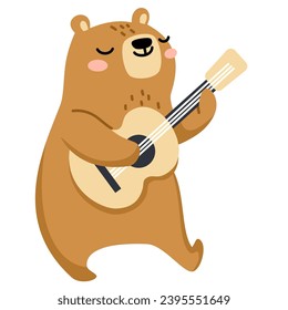 Flat vector illustration. Cute Bear dancing and playing guitar. Children's illustration on white background 