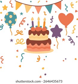Ilustración vectorial plana de un pastel de cumpleaños lindo con glaseado, chispas y una sola vela.