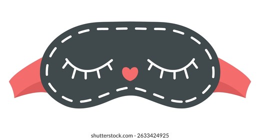 Flat vector illustration of cute black sleeping mask with closed eyes and heart. Sleeping accessory isolated on white for sleep and relaxation themes