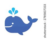 A flat vector illustration of a cute blue whale spraying water from its blowhole in a simple cartoon style.