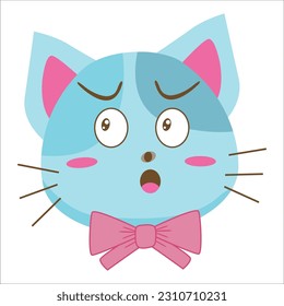 Flat vector illustration. of cute blue cat with curious face and glitter eyes on white background.