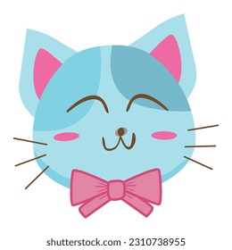 Flat vector illustration. of a cute blue cat with a smiling and happy face on a white background.