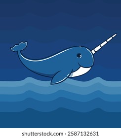 A flat vector illustration of a cute blue narwhal with ocean waves. Suitable for children's books, branding, campaigns, ocean conservation, and marine biology