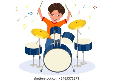 Ilustración vectorial plana de chico lindo tocando tambores, banda de niños