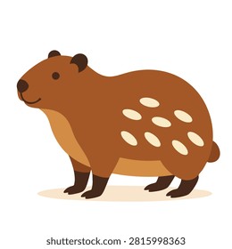 A flat vector illustration of a cute brown paca animal standing in profile with white spots on its body