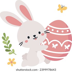 Flat vector illustration. Cute bunny running with Easter egg 