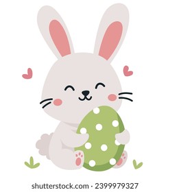 Flat vector illustration. Cute bunny hugging Easter egg  