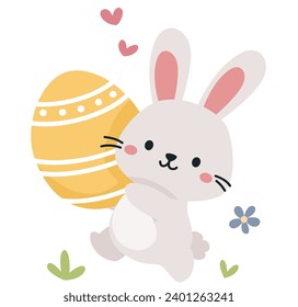 Flat vector illustration. Cute bunny running with Easter egg 