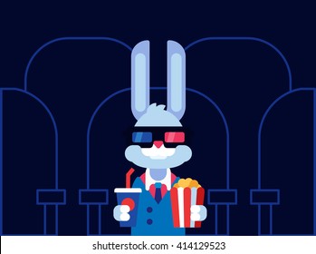 Flat vector illustration. Cute bunny in cinema.