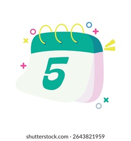 Flat vector illustration of a cute calendar with number 5. Ideal for schedule, planner, app UI, educational visuals, or any date and time concept. Playful style with vibrant color and modern design.