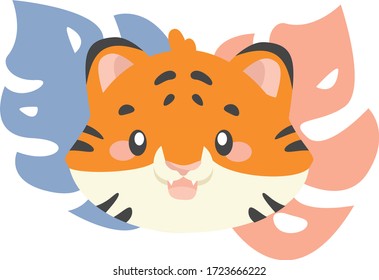 
Ilustración vectorial plana con la cara de tigre de caricatura en hojas tropicales.
