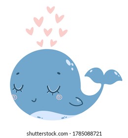 Flat vector illustration of a cute cartoon blue whale with a fountain of pink hearts. Color illustration of a whale in doodle style.