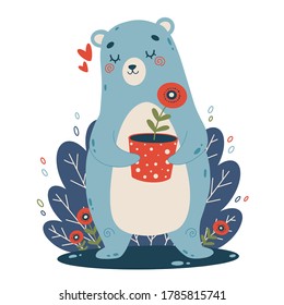 Flat vector illustration of cute cartoon blue bear with red flower in a pot. Color illustration of bear with poppy flower in doodle style.