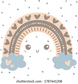 Ilustración vectorial plana del lindo arco iris de dibujos animados con ojos en estilo doodle de colores. Ilustración meteorológica.