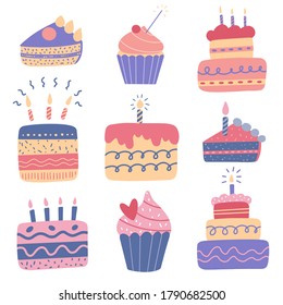 Ilustración vectorial plana de los quequitos de cumpleaños de dibujos animados lindos y quequitos con velas en estilo doodle de color aislados en fondo blanco