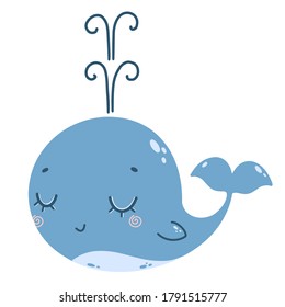 Flat vector illustration of cute cartoon blue whale with fountain. Color illustration of a whale in doodle style.