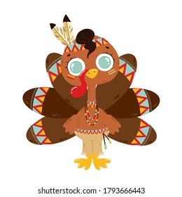 Flat vector illustration of a cute cartoon turkey boy isolated on a white background. Thanksgiving native american turkey.