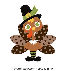 Flat vector illustration of a cute cartoon turkey wearing a pilgrim hat isolated on a white background. Thanksgiving turkey boy.