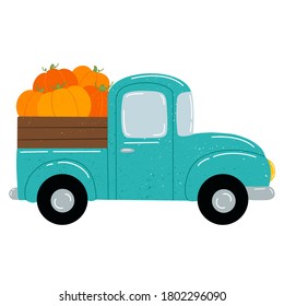 Ilustración vectorial plana de una bonita camioneta de caricatura verde con calabazas anaranjadas. Camión agrícola de cosecha otoñal aislado en fondo blanco.