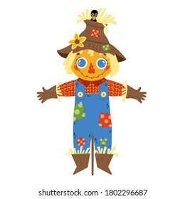 Flat Vector Illustration Of Cute Cartoon Farm Boy Scarecrow In Blue Denim Overalls Isolated On White Background.