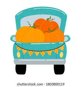 Ilustración vectorial plana de una linda camioneta verde con calabazas anaranjadas. Vista trasera del camión agrícola de cosecha de otoño aislado sobre fondo blanco.