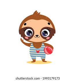 Flat vector illustration of cute cartoon summer tropical animals on the beach. Baby Sloth with Beach Ball