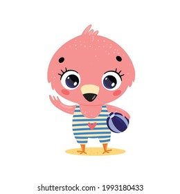 Flat vector illustration of cute cartoon summer tropical animals on the beach. Baby flamingo with beach ball