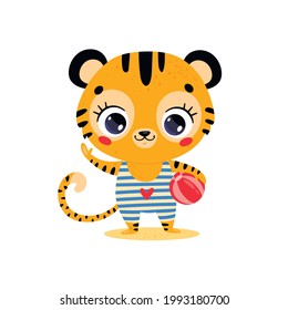 Flat vector illustration of cute cartoon summer tropical animals on the beach. Baby Tiger with Beach Ball