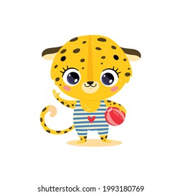 Flat vector illustration of cute cartoon summer tropical animals on the beach. Baby Leopard with Beach Ball