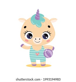 Flat vector illustration of cute cartoon summer tropical animals on the beach. Baby pony unicorn with beach ball