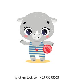Flat vector illustration of cute cartoon summer tropical animals on the beach. Baby rhino with a beach ball