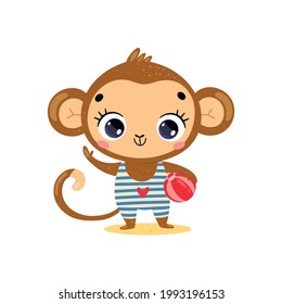 Flat vector illustration of cute cartoon summer tropical animals on the beach. Baby monkey with beach ball