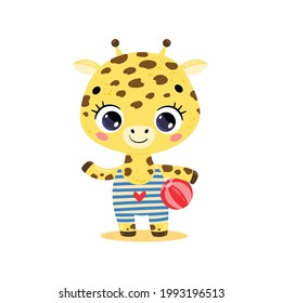 Flat vector illustration of cute cartoon summer tropical animals on the beach. Baby giraffe with beach ball
