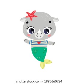 Ilustración vectorial plana de la sirena de rinocerontes adorables. Animales tropicales de verano