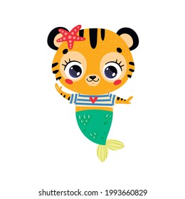Flat vector illustration of cute cartoon tiger mermaid. Summer tropical animals