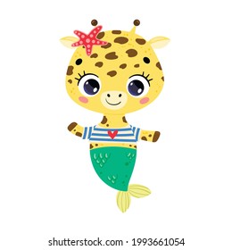 Flat vector illustration of cute cartoon giraffe mermaid. Summer tropical animals