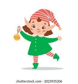 Flat vector illustration of a cute cartoon Christmas elf girl isolated on white background. Santa Claus helper 