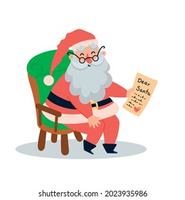 Ilustración vectorial plana de la linda caricatura navideña Santa Claus con carta aislada en fondo blanco