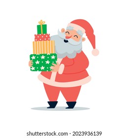 Flat vector illustration of cute cartoon christmas Santa Claus with gifts isolated on white background