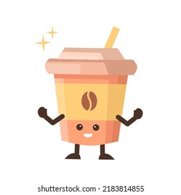 flat vector illustration. cute cartoon chocolate coffee in a beautiful bottle. coffee cup mascot