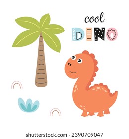 flat vector illustration of cute cartoon dinosaur, funny smiling child animal and palm tree, print for kids with little dino