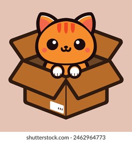 Flat vector illustration a cute cartoon orange cat is sitting in a cardboard box. The cat is smiling and looking at the camera. The cat looks very happy.