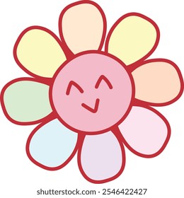 Flat Vector Illustration of a Cute Cartoon Flower with a Smiling Face and Pastel Petals